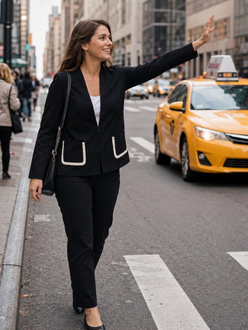 Y2K New York Black Open-Front Blazer Jacket White Pocket Trim Size 12
